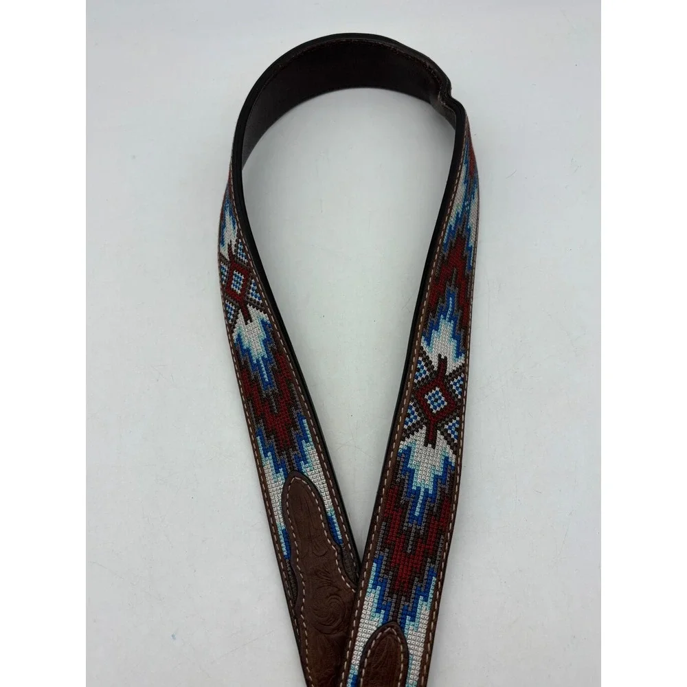Nocona Western Leather Belt Embroidered Brown Silver Buckle 38